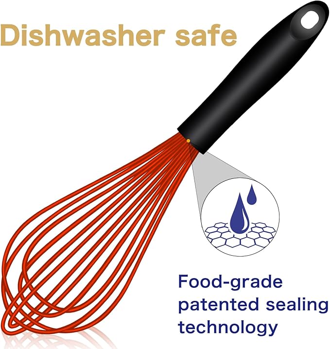 OYV Red Silicone Whisk, Sealed Waterproof Design Set of 3, Professional Kitchen Whisks for Cooking Non-Scratch, Silicone & Stainless Steel Whisk, Heat Resistant 480°F Balloon Egg Beater - Image 2