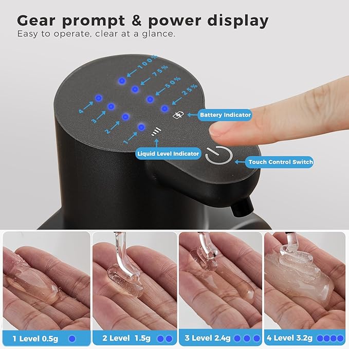Automatic Liquid Soap Dispenser, 17oz/500ml Touchless Rechargeable with 4-Level Adjustable & IPX5 Waterproof - Level Display for Wall/Tabletop Use in Bathroom, Kitchen, Black - Image 4