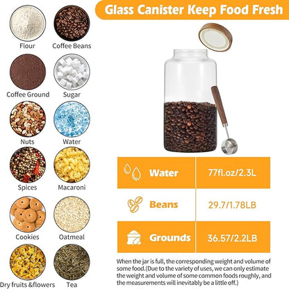 Large Glass Coffee Jars with Spoon,Round Storage Canister with Wooden Lid Clear Glass Food Jar for Pantry Sugar Tea Coffee Bean Spice Nuts Cookies Bath Salts (2300ml/77oz) - Image 4