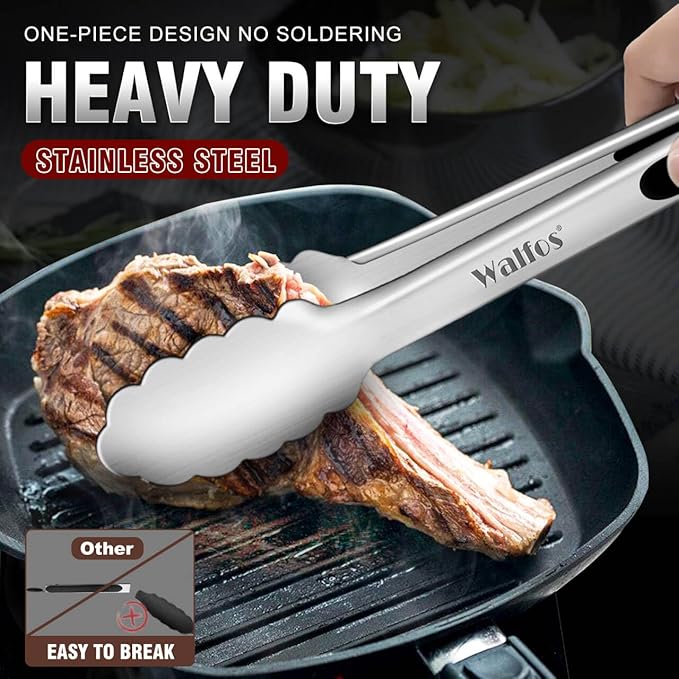 Walfos Stainless Steel Kitchen Tongs for Cooking- 7 ，9 and 12 Inch, Food Grade Metal Tongs for Cooking, BBQ, Set of 3 Heavy Duty Locking Cooking Tongs Non-Slip Grip - Image 2