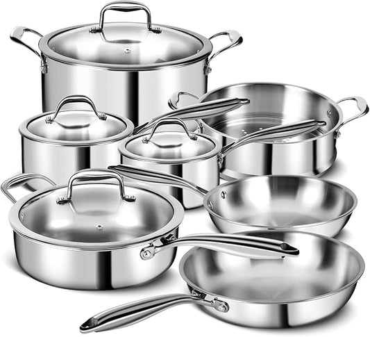 3 Ply Stainless Steel 11-Piece Cookware Set with Lids, Pots and Pans Kitchen Set, Non-Toxic, Induction, Oven, Dishwasher Safe, Professional Chef Quality by EWFEN