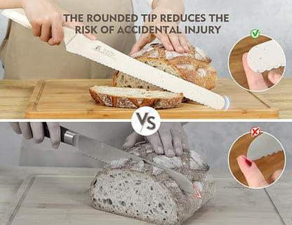 CoquusAid Upgrade Bread Knife for Homemade Bread, World‘s 1st Double Serrated Knife with 5 Thickness Adjustable Slicing Guide, Stainless Steel Bread Cutter, Razor Sharp for Sourdough, Creamy White - Image 6