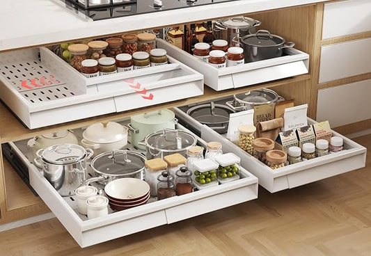 Seinloes 4 Pack Pull Out Cabinet Organizer With Raising Pad for Framed Cabinets,Expandable Width (13"-21") and Depth (17"-24"),3 Slide Rails Slide Out Drawers with Handle,No-Drill Roll Out Shelf,White by Seinloes