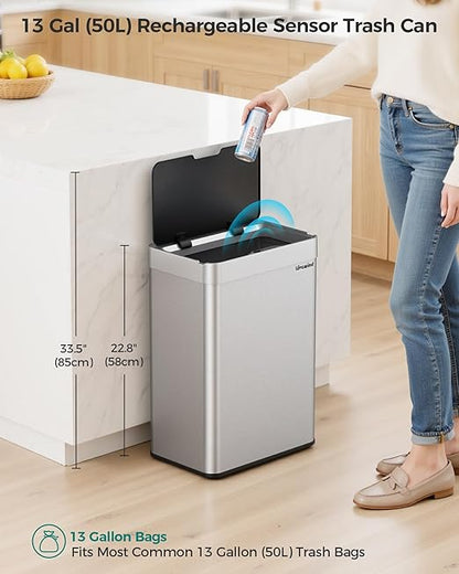 Kitchen Trash Can Touchless, 13 Gallon/50 L Stainless Steel Automatic Motion Sensor Trash Can, Type-C Rechargeable Garbage Can with Lid, Silent Close, Touchless Trash Bin for Home Kitchen, Silver - Image 2