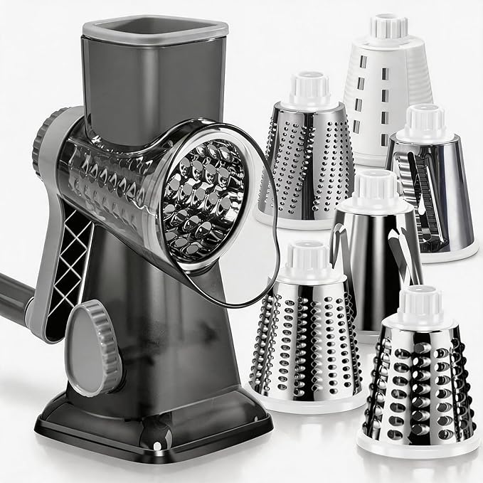 KEOUKE Rotary Cheese Grater Pro 6 in 1 - Shredder Crinkle Slicer Grinder Ice Shaver, Stable Suction, Time-saving Easy Use & Clean, Safe Morden Kitchen Tool for Cheese, Vegetable, Nuts, Chocolate by KEOUKE