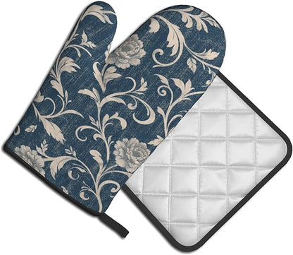 Navy Blue Oven Mitts and Pot Holders Vintage Floral Kitchen Accessories Set of 2 Teal Flowers Gloves Potholder for Chef Cooking Baking Grilling BBQ - Image 2