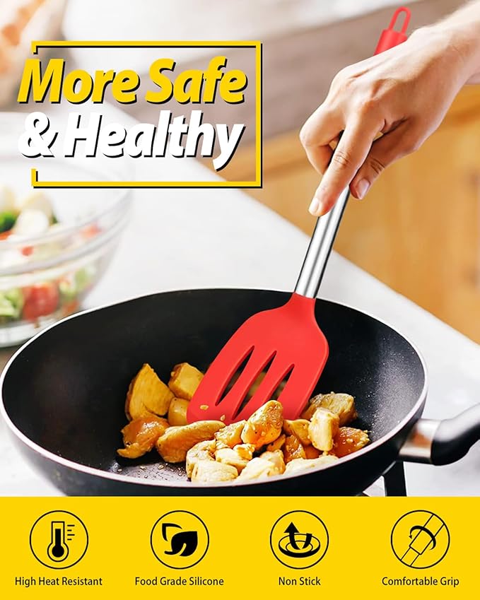 Pack of 4 Silicone Cooking Utensils Set, Non Stick Large Solid Spatulas, Heat Resistant Slotted Spoons, Ideal BPA Free Kitchen Turners for Frying, Mixing,Serving,Draining,Turning,Stirring (RED) - Image 4