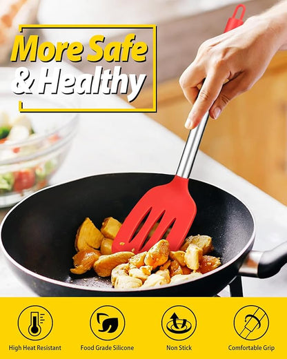 Pack of 4 Silicone Cooking Utensils Set, Non Stick Large Solid Spatulas, Heat Resistant Slotted Spoons, Ideal BPA Free Kitchen Turners for Frying, Mixing,Serving,Draining,Turning,Stirring (RED) - Image 4
