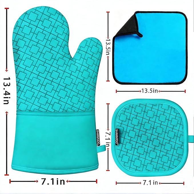 Oven Mitts and Pot Holders Sets 6pcs, Kitchen Oven Glove,High Heat Resistant 550 Degree Extra Long Oven Mitts and Potholders with Non-Slip Silicone Surface for Home Essentials (Grey) (Ice Blue) - Image 2