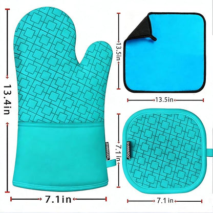 Oven Mitts and Pot Holders Sets 6pcs, Kitchen Oven Glove,High Heat Resistant 550 Degree Extra Long Oven Mitts and Potholders with Non-Slip Silicone Surface for Home Essentials (Grey) (Ice Blue) - Image 2