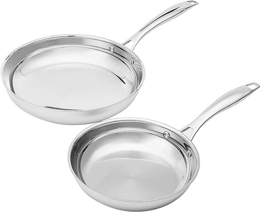 Amazon Basics 2-Piece Stainless Steel Induction Frying Pan Set, Oven Safe, Riveted Handle, Heat Distributes Evenly, 8-inch & 10-inch, Silver by AmazonBasics