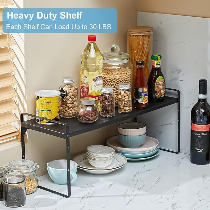 Set of 2 Expandable Cabinet Shelf Organizer, Stackable Kitchen Countertop Shelves Spice Racks, Small Metal Storage Shelf For Cupboard Counter Tabletop, 30 LBS Heavy Duty, Adjustable, 13.8" to 21.6" - Image 6