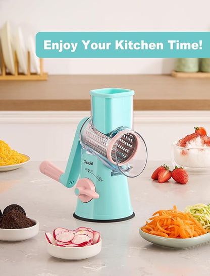 Geedel Rotary Cheese Grater Cheese Shredder - Upgraded 5-in-1 Cheese Grater with Handle and Strong Suction Base, Multi-purpose Vegetable Slicer Ice Shaver Nuts Grinder for Ice, Vegetables, Fruit, Nuts - Image 8