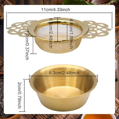2 Pack Tea Strainers with Drip Bowls Stainless Steel Mesh Tea Infusers Loose Leaf Tea Filter with Handles Tea Steeper for Tea Juice Coffee Drinks, Gold