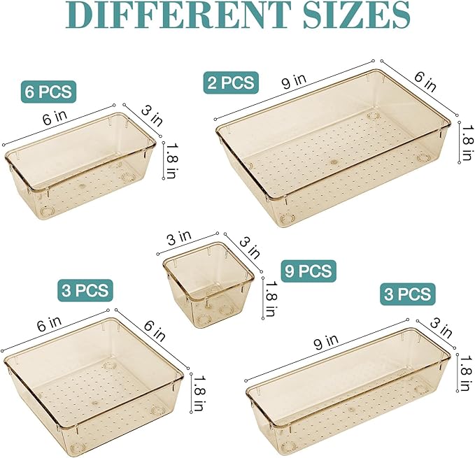 StorMiracle 23 PCS Drawer Organizer Set, 5 Varied Size Bathroom and kitchen Drawer cabinet organizer Trays, Clear Storage Bins for Makeup, Jewelry, Utensils and Gadgets, Champagne - Image 2