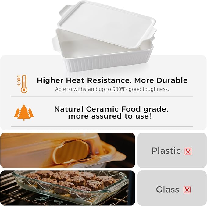 Dizada Large Casserole Dish with Lid 5.2 Qt (9"x13") - Deep 2-in-1 Porcelain Baking Pan, Ceramic Bakeware for Lasagna, Roasts, Oven Freezer Microwave Safe - Image 6