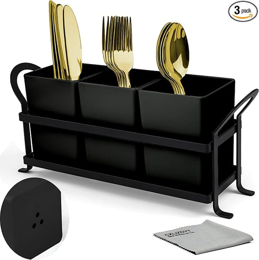 Czlizdyt Cutlery Holder with Drain Holes, Silverware Caddy for Party Countertop, 3pcs Bins Set Utensil Holders for Spoon and Fork, Black by CZLIADYT