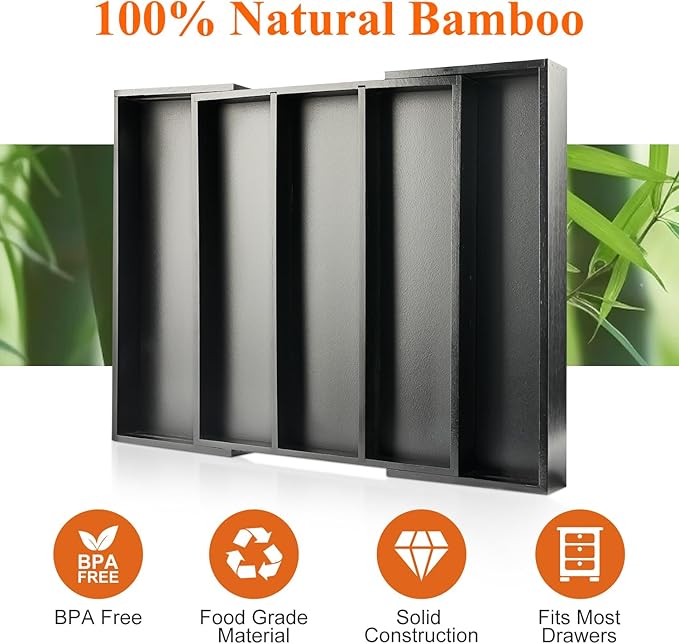 Expandable Large Kitchen Utensil Drawer Organizer Storage Black Bamboo Silverware Organizers Tray Divider Adjustable Spoon Flatware Organizer Wood Cutlery Tray Cooking Utensils Tool Holder Drawer - Image 5