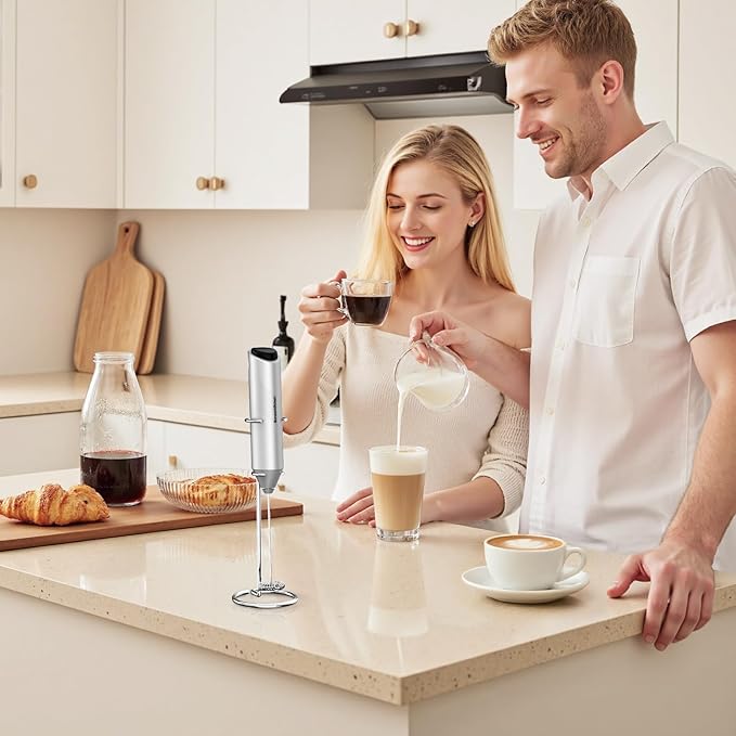 Bonsenkitchen Powerful Milk Frother with Stand for Coffee, Fast Handheld Drink Mixer with Stainless Steel Whisk, Battery Operated Hand Frother Stirrer Wand-Silver - Image 8
