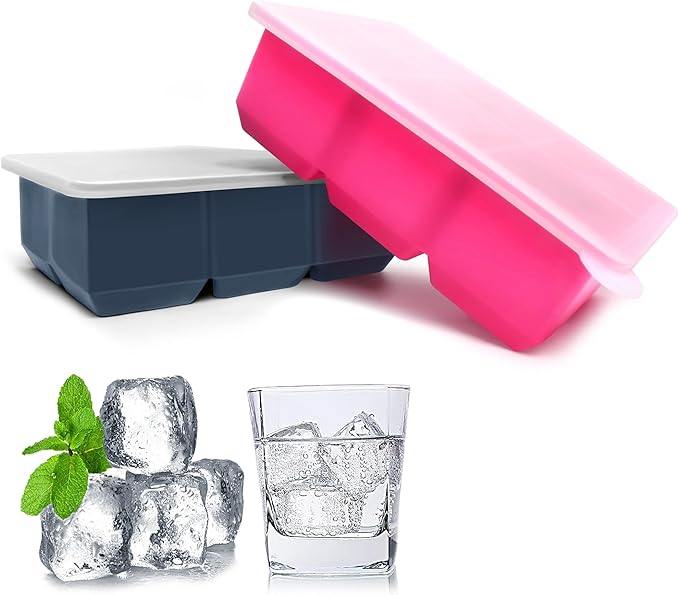 Silicone Ice Cube Trays with Lids,Large Square Ice Cube Molds for Freezer, Whiskey, Cocktail, Stackable Flexible and Reusable & Easy Release BPA Free (2 Pack&Dark Gray and Rose) - Image 2