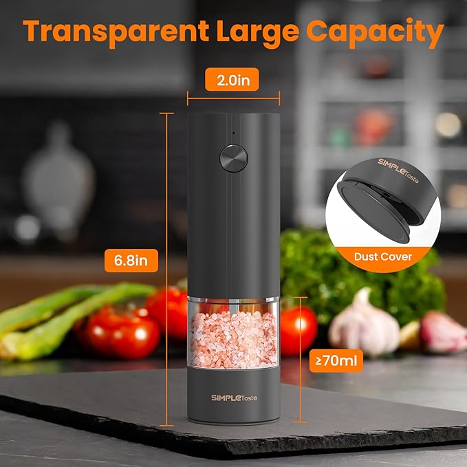 SIMPLETASTE Electric Salt and Pepper Grinder Set with LED Light, Automatic Pepper Mill Shakers with Adjustable Coarseness, One Hand Operation for Kitchen, Dining, Gifting, Black, Rechargeable - Image 4