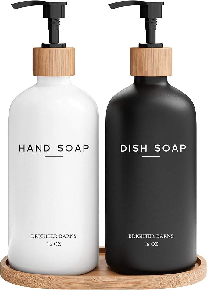 Luxury Glass Hand and Dish Soap Dispenser Set by Brighter Barns - Kitchen Soap Dispenser Set with Tray - Bamboo Pump Bottle for Kitchen Sink - Boho Home Decor, Modern Decor in Restaurant (Black/White) by BrighterBarns