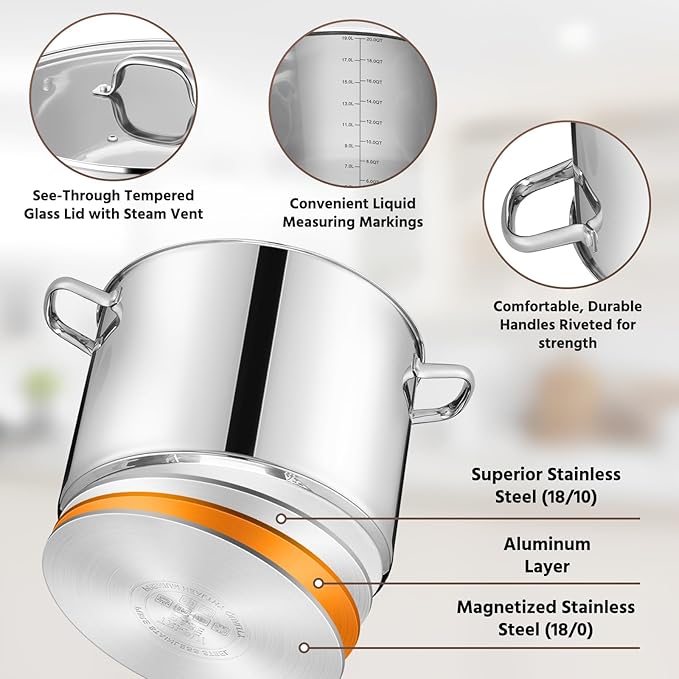 20 Qt Large Stock Pot, E-far Stainless Steel Stockpot with Lid for Boiling Cooking Soup Stew Canning, Heavy Duty Tri-Ply Bottom Works w/Induction, Commercial Grade & Dishwasher Safe - Image 3