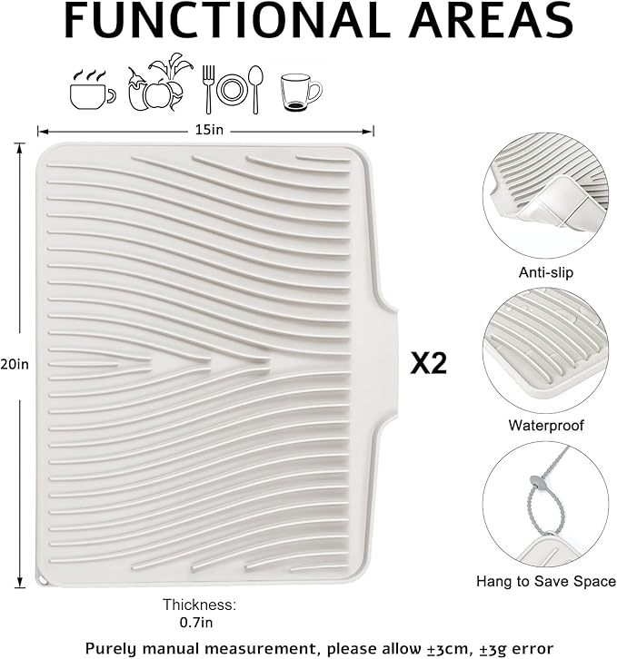 TIKNIK Silicone Dish Drying Mat, Stone Drying Mat for Kitchen Counter with Built-In Drain, Non-Slip Drain Pad with Built-in Drain, Heat Resistant Stone Drying Mat, Hangable, Cream-2pcs, 20" x 15" - Image 2