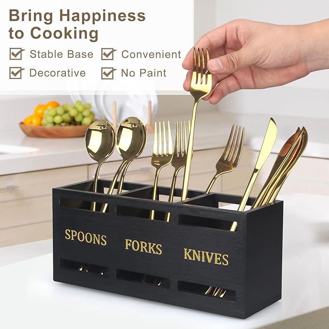 Ayiaren Wooden Cutlery Silverware Holder Flatware Utensil Caddy Black Utensil Holder for Kitchen Counter Wood Silverware Caddy Organizer for Table Countertop Spoon Knife and Fork Holder for Parties - Image 3