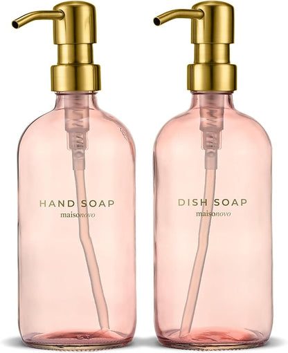MaisoNovo Soap Dispenser 2-Piece Set | 16.9oz Pink Bottles with Gold Stainless Steel Pump Core