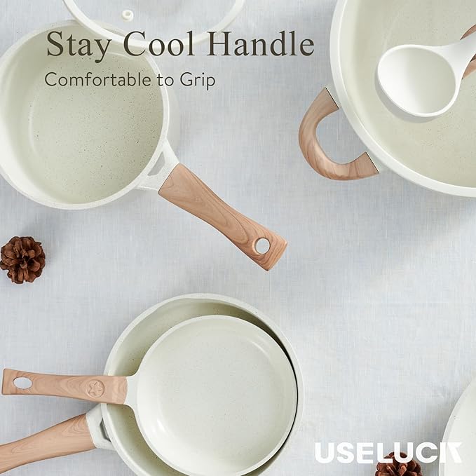 22 Pcs Pots and Pans Set Non Stick Non-Toxic Ceramic Kitchen Cookware Sets Nonstick Pot&Pan With Lid Cream White Granite Induction Compatible with Glass Lids Crepe - Image 8