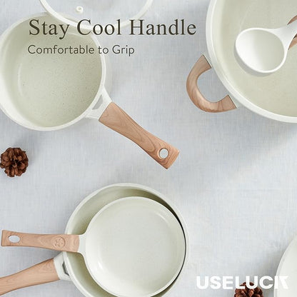 22 Pcs Pots and Pans Set Non Stick Non-Toxic Ceramic Kitchen Cookware Sets Nonstick Pot&Pan With Lid Cream White Granite Induction Compatible with Glass Lids Crepe - Image 8