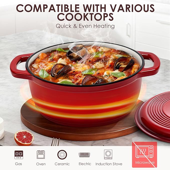 Enameled Cast Iron Dutch Oven Pot With Lid - AIVIKI 5QT Dutch Oven for Bread Baking With Cotton Potholders - Heavy-Duty Cookware for Braising, Stew, Roasting, Oven Safe up to 500°F, Red - Image 4