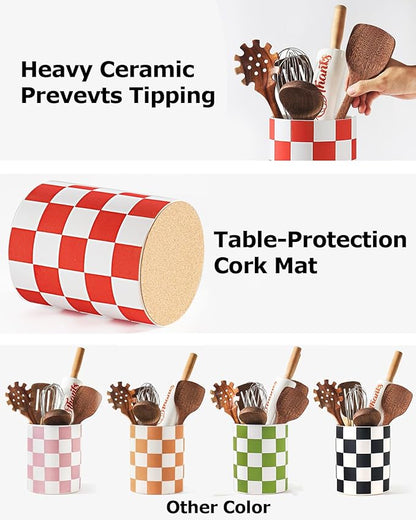 Utensil Holder, 7.2 Inch Checkered Utensil Holder, Ceramic Cooking Utensil Spoon/Spatula Holder for Countertop, Kitchen Decor and Accessories for counte(Red) - Image 3