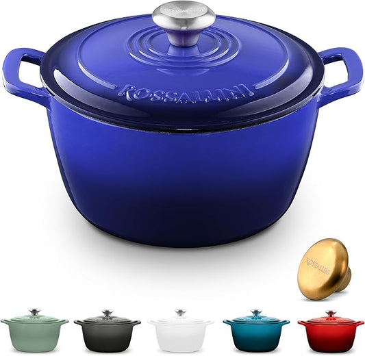 ROSSALLINI Signature Enameled Cast Iron Dutch Oven, Non-Stick Serving Pot with Tight Fitting Lid for Perfect Roasting, Baking, Sauteing, and Bread Making | 4.5Q (4.2L) - Indigo Blue
