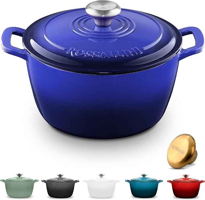 ROSSALLINI Signature Enameled Cast Iron Dutch Oven, Non-Stick Serving Pot with Tight Fitting Lid for Perfect Roasting, Baking, Sauteing, and Bread Making | 2Q (1.9L) - Indigo Blue
