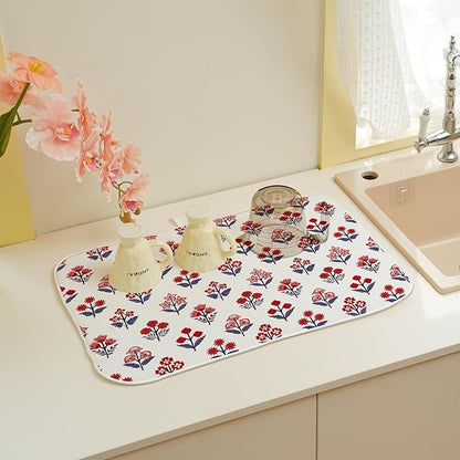 Red Blue Dish Drying Mat 18x24 Inch Vintage Boho Block Print Floral Drying Mat 4th of July Patriotic Flower Seasonal Absorbent Dish Drying Pad Dish Rack Drainer Mats for Kitchen Dining Counter