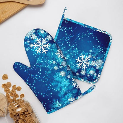 Oven Mitts and Pot Holders Blue Snowflake Winter Christmas Silicone Kitchen Accessories Set of 4 Heat Resistant Long Gloves Potholder Non-Slip Grip for Chef Cooking Baking Grilling BBQ