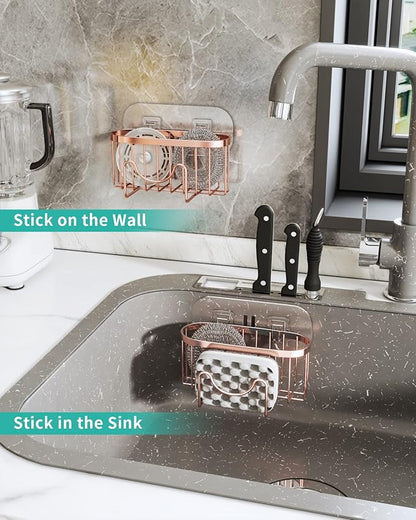HapiRm Multifunctional Sink Sponge Holder with Unique M-Shaped, 2 Installation Ways Kitchen Sink Caddy, Stainless Steel Kitchen Organizer for Sponge, Brush and Scraper - Rose Gold - Image 4