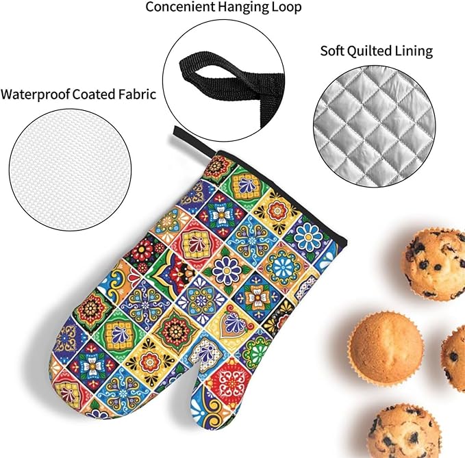Mexican Talavera Tile Oven Mitts and Pot Holders Sets of 3, Heat Resistant Non-Slip Polyester Colorful Talavera Kitchen Gloves Gifts for Cooking Lovers, Vibrant Kitchen Decor for Baking BBQ Cooking - Image 6