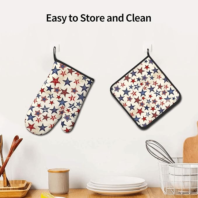 Patriotic Stars Oven Mitts - 4th of July Kitchen Mitts Pot Holders Sets of 2 Red White and Blue Hot Mitts Independence Memorial Day Hot Pads for Cooking Baking Grilling - Image 6