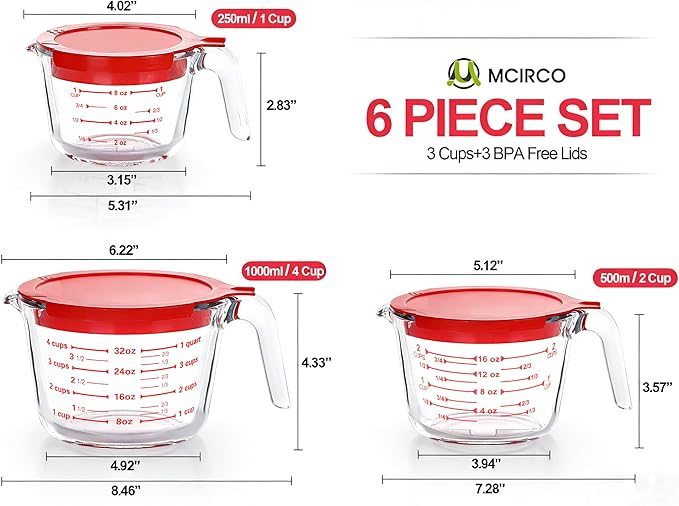M MCIRCO 6 Pcs Glass Measuring Cups with Lids Set, 1-Cup, 2-Cup, 4-Cup Measuring Jugs with Handle, Nesting Liquid Measuring Cups for Kitchen - Image 2