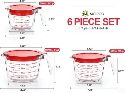 M MCIRCO 6 Pcs Glass Measuring Cups with Lids Set, 1-Cup, 2-Cup, 4-Cup Measuring Jugs with Handle, Nesting Liquid Measuring Cups for Kitchen - Image 2