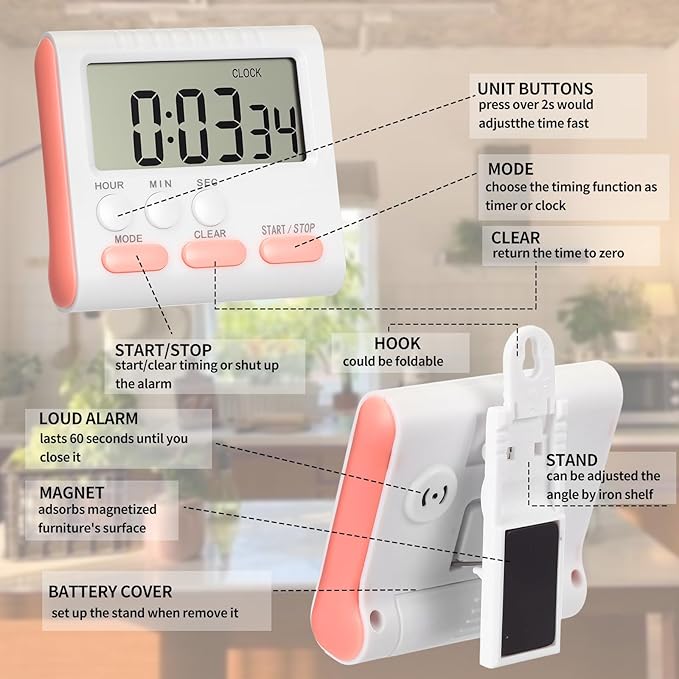 Mudder 3 Pack Digital Kitchen Timer for Cooking, Large Digits, 24 Hour Magnetic Backing Stand Kitchen Timers Clock for Classroom Kids Teachers, Loud Alarm and Large Screen (Pink) - Image 5