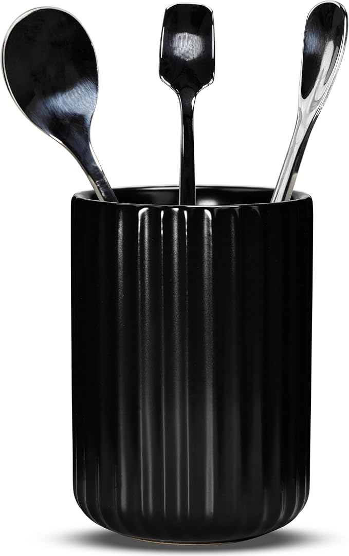 Ceramic Spoon Holder for Coffee Bar, Upright Tea Spoon Holder Cup, Coffee Stirrers Straws Stir Stick Holder, Black Fluted Surface by U-TIMES