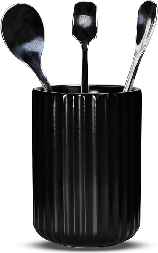 Ceramic Spoon Holder for Coffee Bar, Upright Tea Spoon Holder Cup, Coffee Stirrers Straws Stir Stick Holder, Black Fluted Surface by U-TIMES