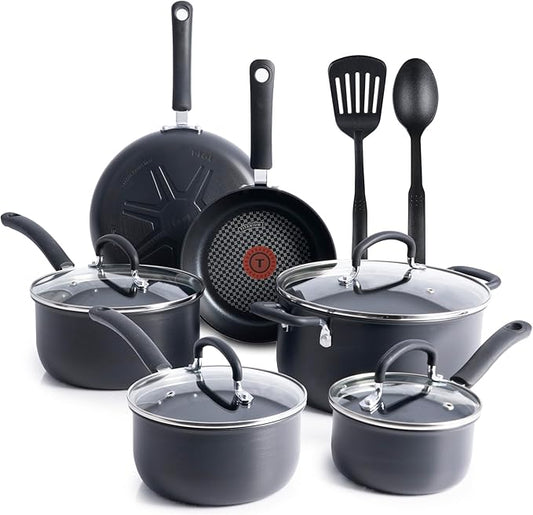 T-fal Ultimate Hard Anodized Nonstick Cookware Set 12 Piece, Oven Broiler Safe 400F, Lid Safe 350F, Kitchen Cooking Set w/Fry Pans, Saucepans, Dutch Oven, Pots and Pans, Dishwasher Safe, Onyx by T-falbrand