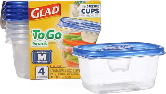 Glad GladWare To Go Snack Food Storage Containers with Lids, Medium Rectangle BPA Free Plastic with Built-In Dressing Cup for Salads and Snacks, Microwave Dishwasher Safe, 24 Oz, 4 Count by GladTrashFoodStorage