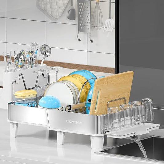 Dish Drying Rack, 304 Stainless Steel Expandable Dish Rack with Adjustable Drain Spout, Large Capacity Dish Drainer with Utensil Holder, Cup Holder and Cutting Board Rack for Kitchen Counter, White by StartYourHomeStorageLife
