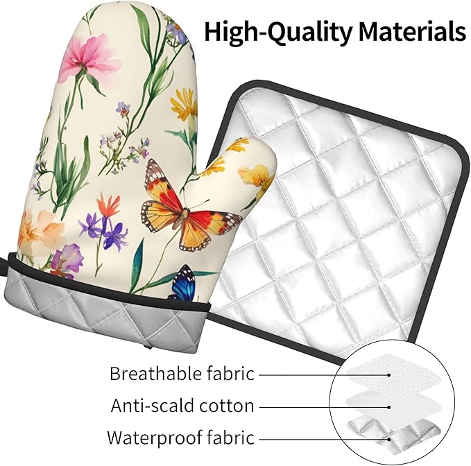 Vintage Floral Oven Mitts and Pot Holders Spring Summer Kitchen Accessories Set of 2 Wildflower Herb Flowers Gloves Potholder for Chef Cooking Baking Grilling BBQ - Image 4